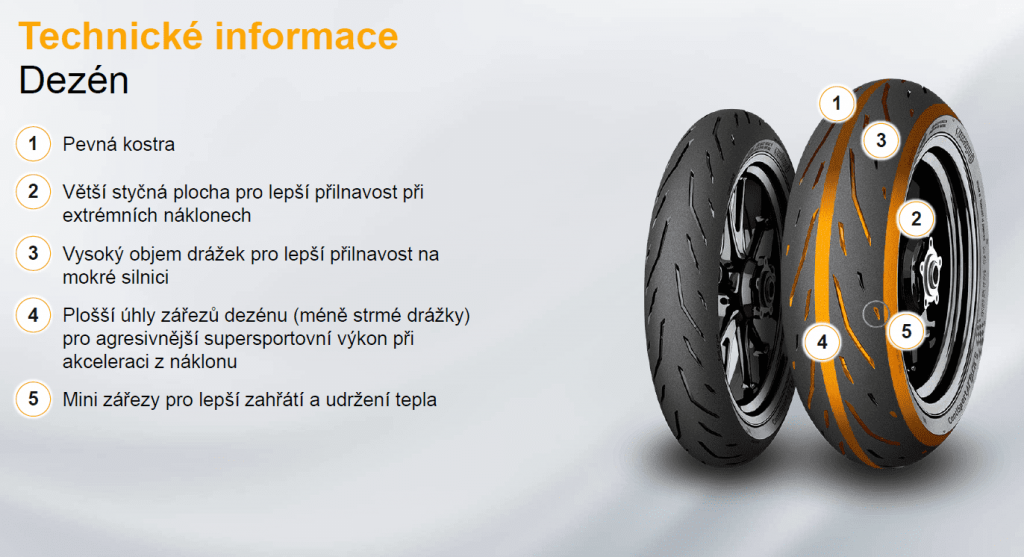 Vlastnosti jednotlivých částí dezénu moto pneumatiky Continental ContiSportAttack 5