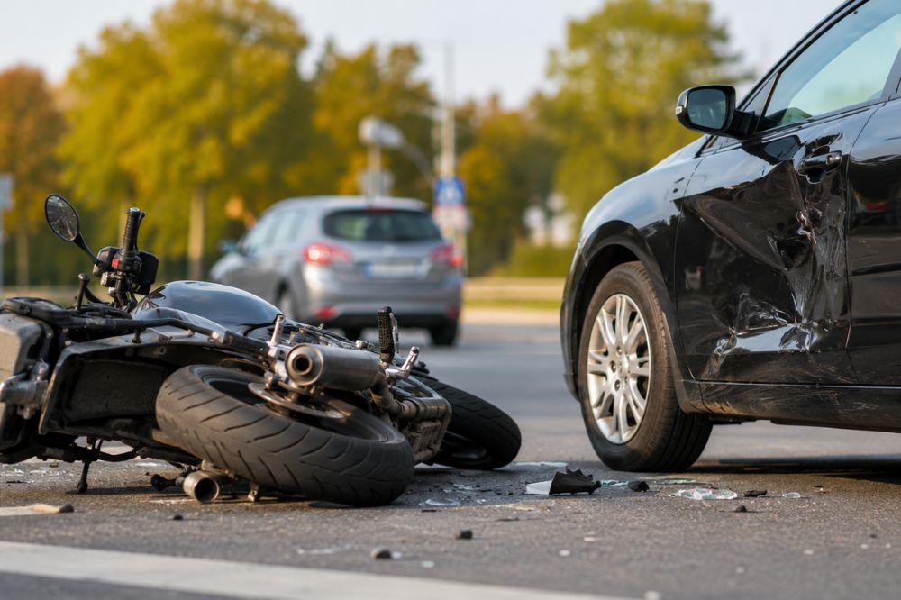 Motorka leží na vozovce po boční srážce s autem