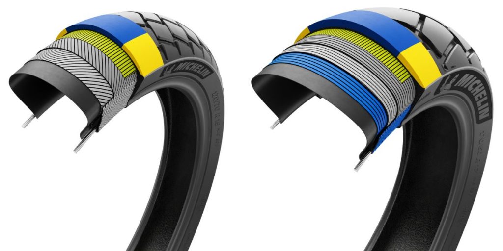 Detail konstrukce přední a zadní moto pneumatiky Michelin Anakee Adventure 2