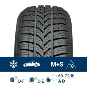 Detail dezénu zimní pneumatiky Sebring Snow zepředu se zimním označením a údaji EU štítku